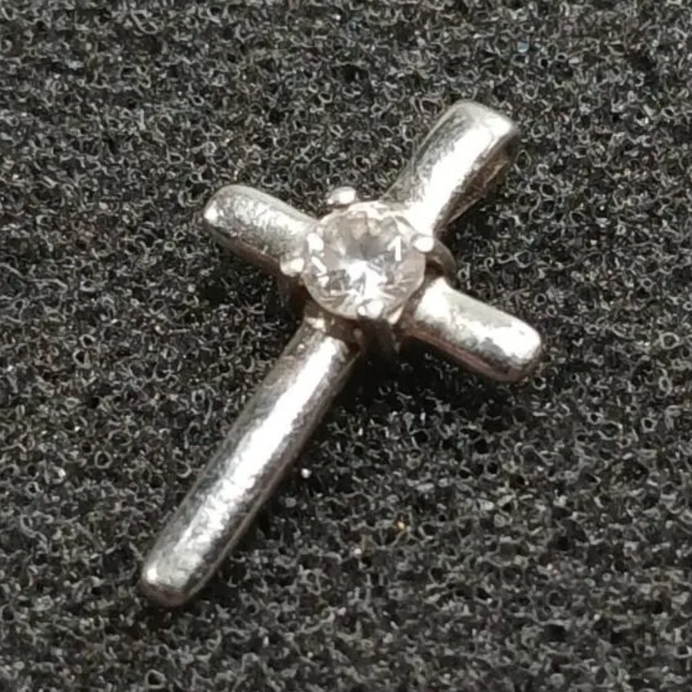 925 Sterling Cross Pendant w/ Clear Gem Dainty .75” Small Christian Charm .8g